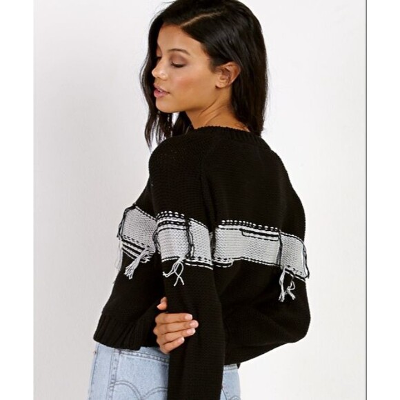 Nation LTD Puff Sleeve Crew Neck Black Sweater Gray Inside Out Stripe Large NWOT - Picture 2 of 7